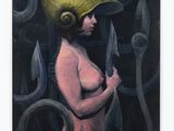 an image of a painting of a woman in a helmet holding a knife