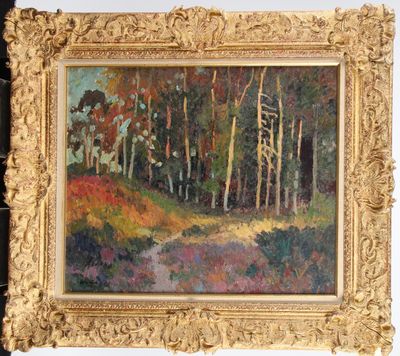 peinture à l'huile d'une scène de forêt avec un chemin au premier plan