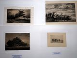 several pictures of a group of people riding horses in a field