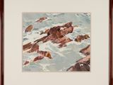 an image of a painting of rocks in the ocean with waves