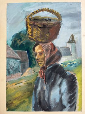 tableau représentant une femme avec un panier sur la tête