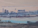 a painting of a view of a city from a beach