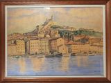 tableau représentant une vue d'une ville avec des bateaux sur l'eau