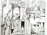 drawing of a man standing in front of a building with a clock tower