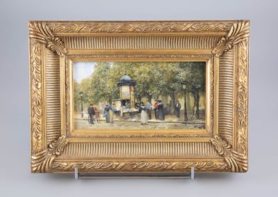 une peinture à l'huile représentant une scène de rue avec des personnages et une calèche