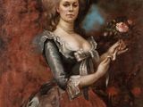 portrait of a lady in a red dress holding a rose