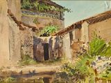 une image représentant un tableau d'un vieux bâtiment d'où un arbre pousse à travers le toit