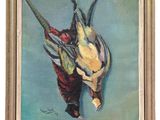 an oil painting of a dead bird hanging from a tree branch