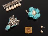 three pairs of turquoise, pearl and diamond broochers