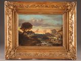 a painting of a landscape with a river in the foreground