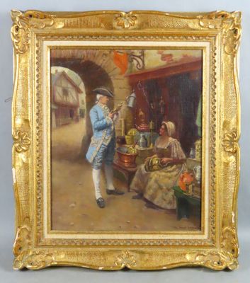 une image représentant un tableau d'un homme en costume bleu et chapeau