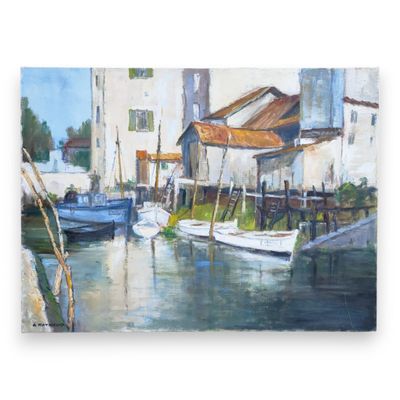 a painting of boats docked in a harbor on a sunny day