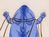 un dessin représentant un homme bleu avec une corde autour du cou