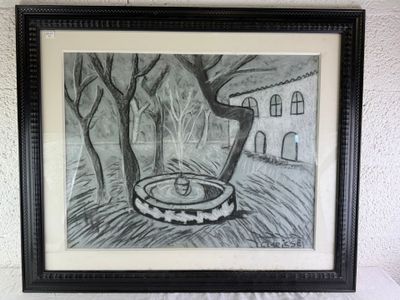 dessin représentant une fontaine dans un parc, avec des arbres et un bâtiment en arrière-plan