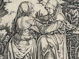 an old drawing of a woman holding a child in her lap