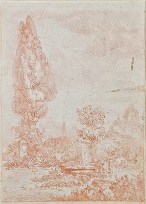 un dessin représentant un paysage avec des arbres et un bateau sur l'eau