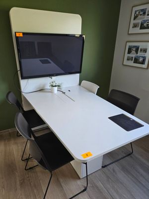a white table with a computer on top of it