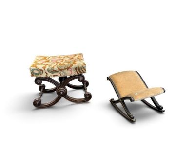 pair of miniature rocking chairs with upholstered seat and foot rest