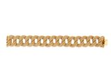 a gold chain bracelet with a twisted link on a white background