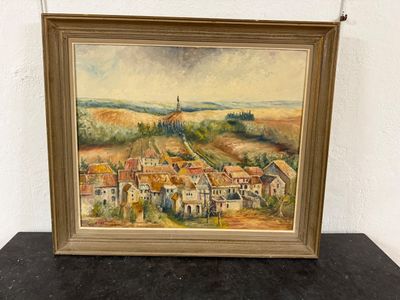 an oil painting of a village with a church in the distance