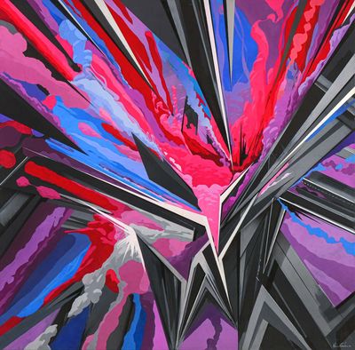 abstract painting of a colorful flower on a black background