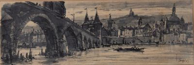 drawing of a bridge over a body of water with a city in the background
