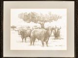 a drawing of a herd of cattle standing in a field