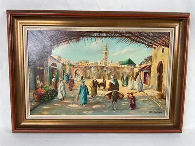 painting of a street scene with people walking and a building in the background