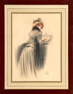 dessin représentant une femme assise à une table avec un livre