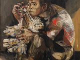 une peinture à l'huile représentant un homme assis par terre, tenant un morceau de papier