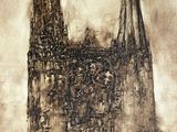 tableau représentant une grande cathédrale avec une tour horloge en son centre