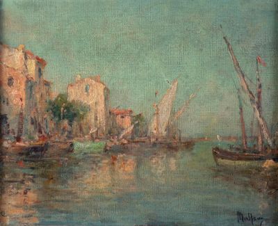 painting of boats in a harbor with buildings in the background