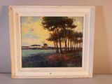 une peinture à l'huile représentant un paysage avec des arbres et une maison au loin