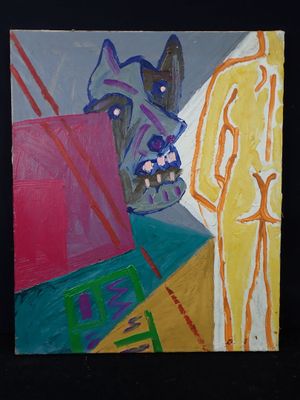 un tableau représentant un homme et un chien sur fond noir