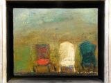 une peinture à l'huile représentant trois chaises dans une pièce aux murs verts