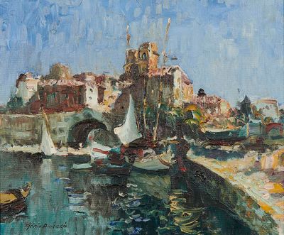 une peinture représentant des bateaux sur l'eau près d'un pont