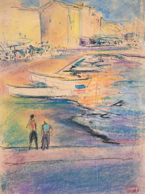 tableau représentant un couple marchant sur la plage, avec des bateaux dans l'eau