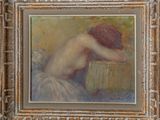 an oil painting of a woman in a white dress leaning against a wall