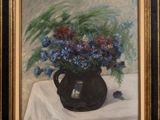 painting of a vase of flowers on a table with a white table cloth