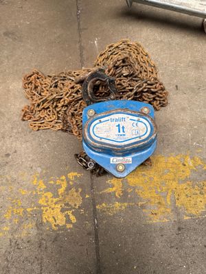 a blue water meter sitting on the ground next to chains