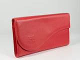 the red leather wallet is open and ready to be used