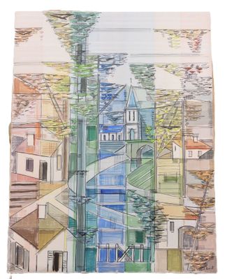 painting of a tall building with a clock tower in the middle of it