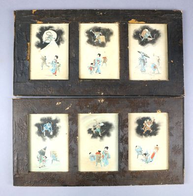 four framed pictures of people in various poses on a white background