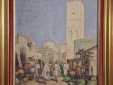 tableau représentant une scène de marché avec une tour horloge en arrière-plan