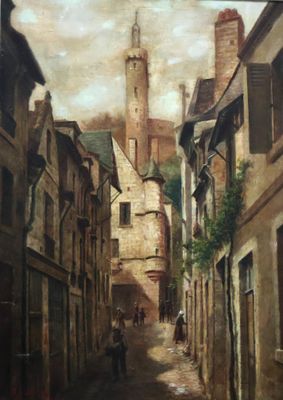 tableau représentant une rue étroite avec une tour horloge en arrière-plan