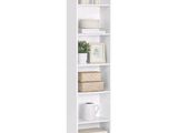 the tall white bookcase has a basket on top of it