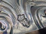 a close up of a silver plate with a design on it