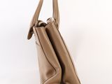 a tan leather handbag with two handles on a white background