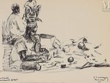 dessin représentant un groupe de personnes assises autour d'une table, avec des casseroles et des poêles