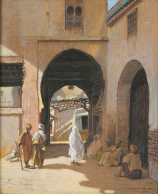 painting of a man and a woman walking through an alley